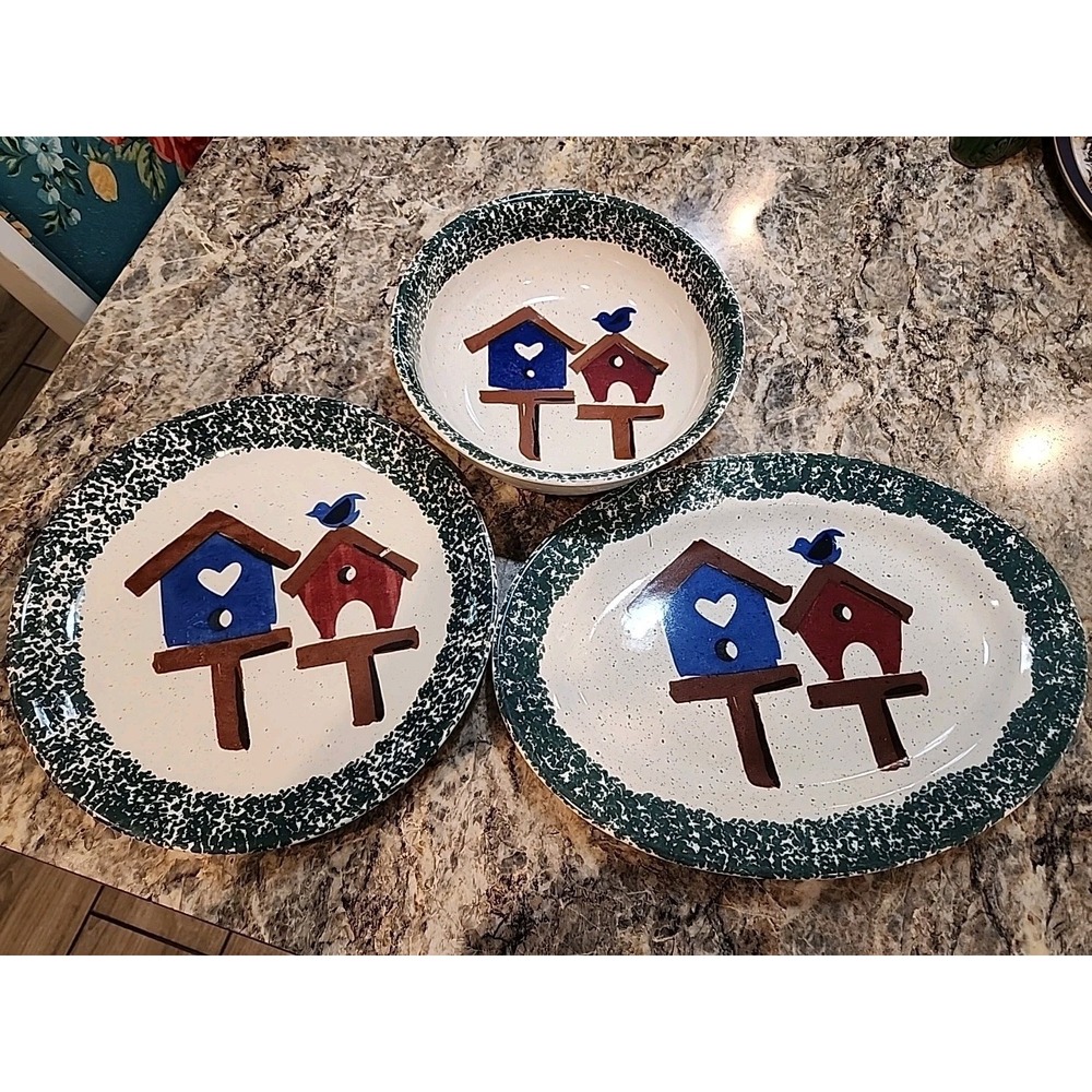 Gibson Birdhouse Stoneware 3 Piece Serving Set Vintage